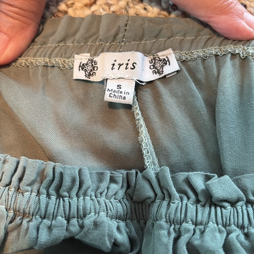Iris Sage Green Smocked Top with Appliqué Embroidered Bell Sleeves. Rayon. Small - Picture 5 of 10